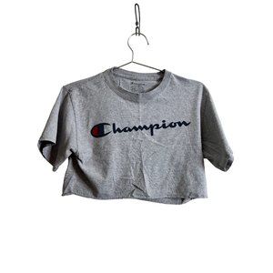 Champion Shirt Womens Small Gray Heathered Logo Crop Top Cut Off Crewneck Tee